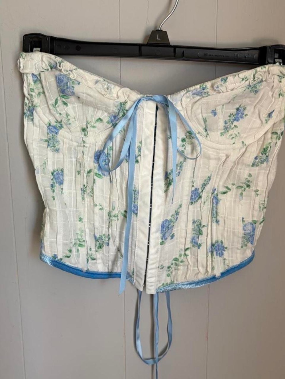 Stella Laguna Beach White Floral Corset Top with Light Blue Trim